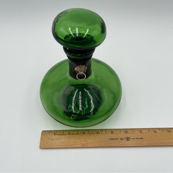 Vintage Green Glass Decanter Leather Lion Head Wrap MCM *READ* - Picture 10 of 11